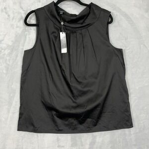 NWT Talbots Top Sleeveless Shirt L Black Boatneck Collar Button Cotton Stretch